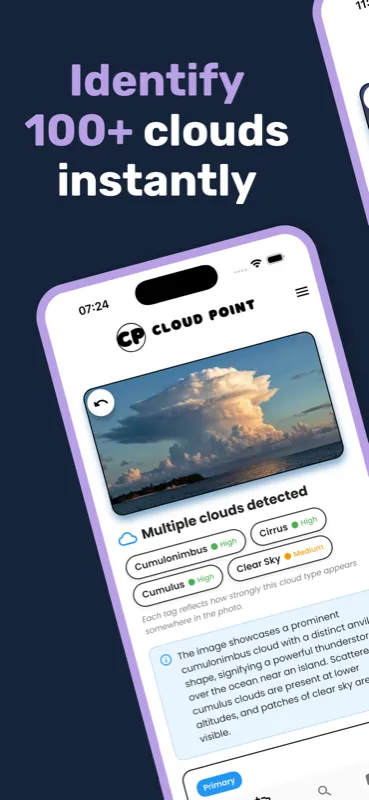 Identify 100+ clouds instantly — a photograph of a cumulonimbus over the sea, tagged with every cloud type detected in it and a confidence level for each