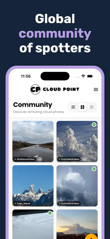 A global community of spotters — a grid of cloud photographs shared by other users, each labelled with its type