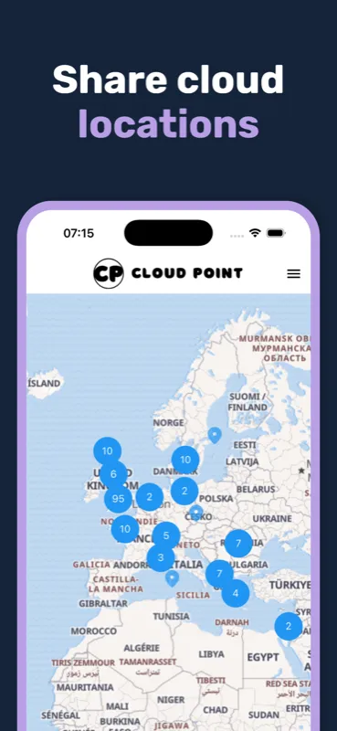 Share cloud locations — a map of Europe with clustered pins showing where sightings were logged
