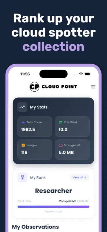 Rank up your collection — a stats screen with total score, images logged and current spotter rank